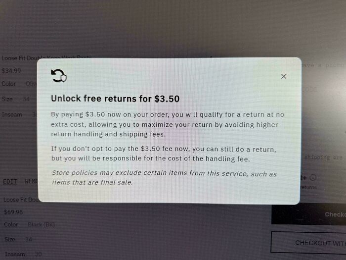 An online pop-up asks for $3.50 to unlock free returns, highlighting products and services that got worse while getting more expensive.