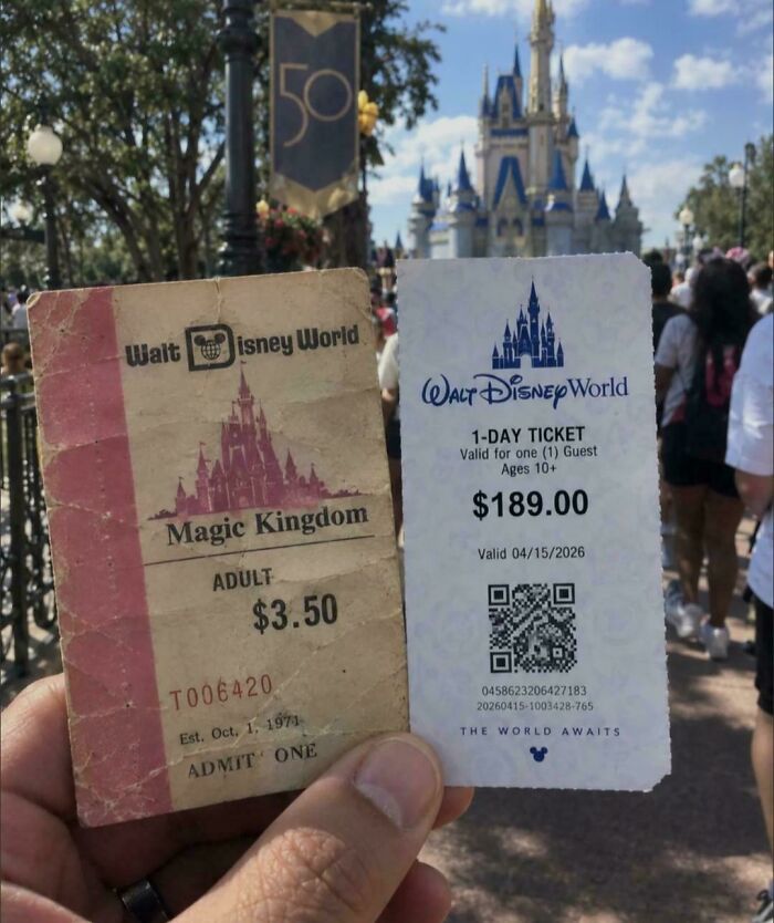 Two Walt Disney World tickets, one old for $3.50 and one modern for $189, illustrate how services got worse while getting more expensive.