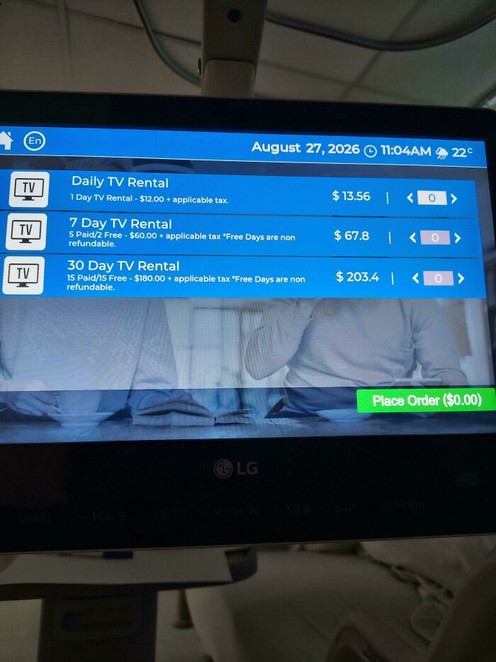 A hospital TV screen displaying rental options for daily, 7-day, and 30-day TV, illustrating services getting more expensive.