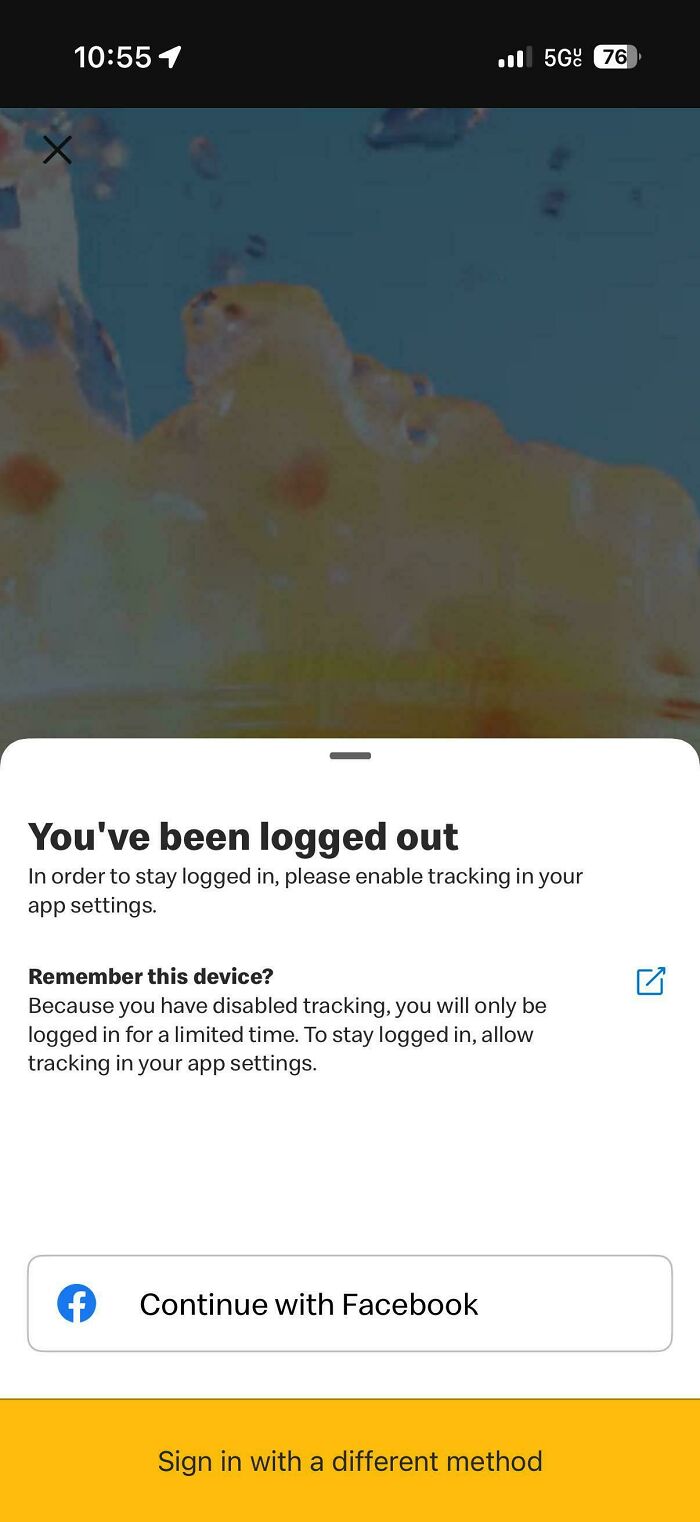 A mobile phone screen showing a logged out message, prompting to enable tracking, indicating products getting worse.