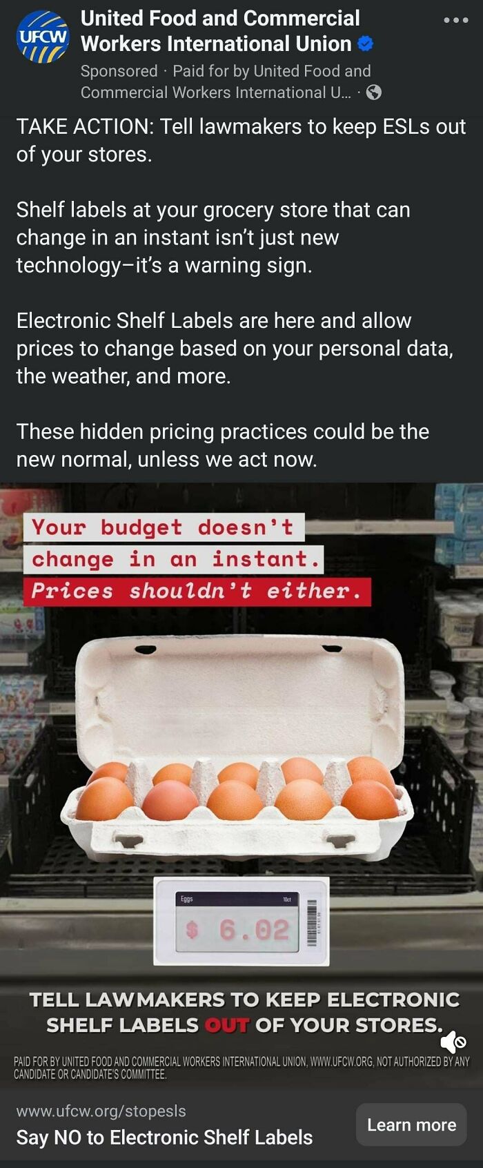 An advertisement by UFCW against electronic shelf labels, showing eggs with a price of $6.02, illustrating products getting more expensive.