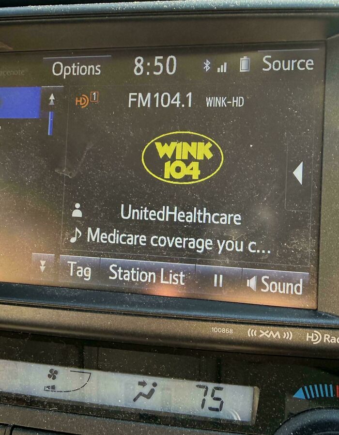 A car radio display showing UnitedHealthcare and Medicare coverage, highlighting services that got worse while getting more expensive.