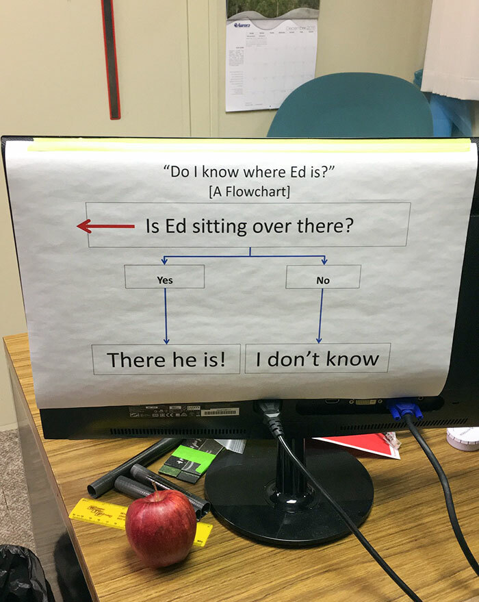 A flowchart asking Do I know where Ed is? on a computer monitor, a chaotic sign spotted in the wild.