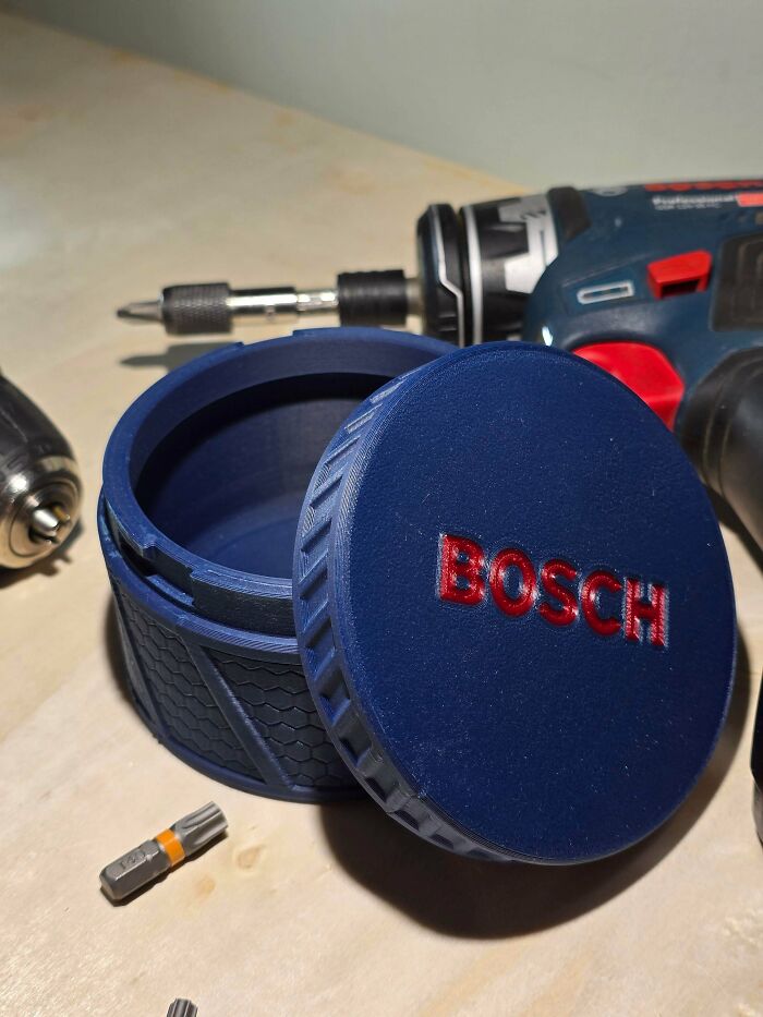 A custom Bosch bit holder storage box 3D printed, showcasing a practical item people needed and printed with their 3D printers.
