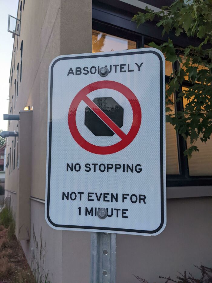 A chaotic sign that reads, ABSOLUTELY NO STOPPING NOT EVEN FOR 1 MINUTE, making people question reality.
