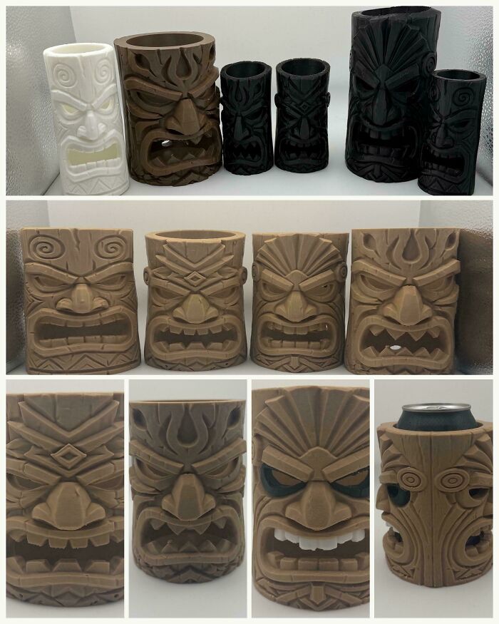 Assortment of tiki-style mugs 3D printed in various colors, showcasing diverse designs and sizes.