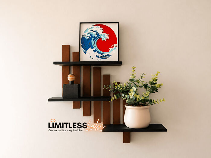 A unique wall shelf with wooden slats and black shelves, adorned with a wave art print and a plant, something people 3D printed.
