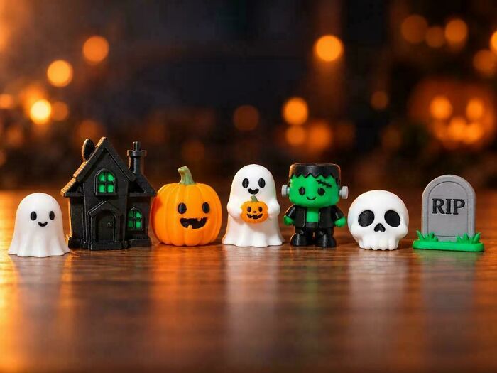 Miniature Halloween decorations, including ghosts, a pumpkin, and a skull, all 3D printed for spooky fun.
