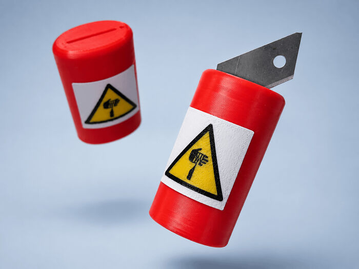 Two red cylindrical containers with warning labels, one containing a razor blade, showing clever items people printed with 3D printers.
