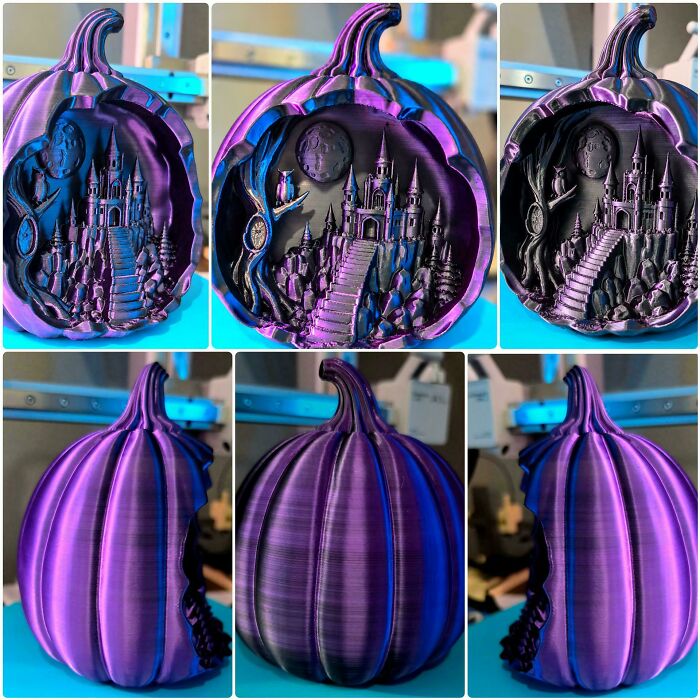 A stunning purple pumpkin-shaped container, intricately 3D printed with a fairytale castle scene inside.