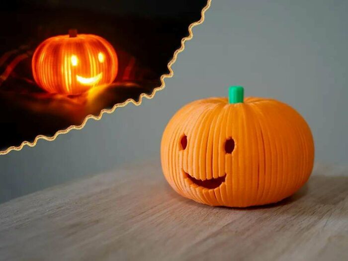 A cheerful, illuminated pumpkin with a smiling face, showcasing the versatility of 3D printers for festive decorations.