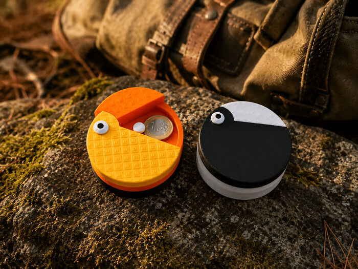 Two 3D printed circular containers, one orange holding a coin, the other black, resting on a mossy rock.