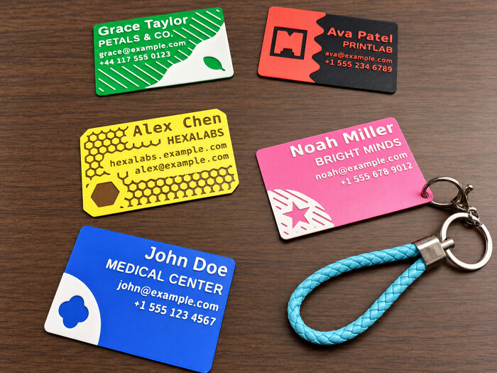 A collection of colorful, customized 3D printed business cards and a blue braided keychain.