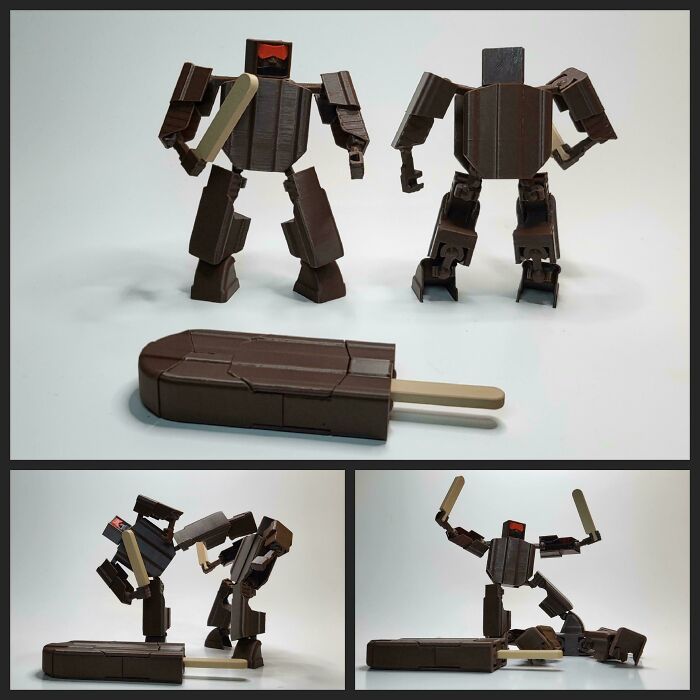 A chocolate ice cream bar that transforms into a robot, showcasing creative items printed with 3D printers.