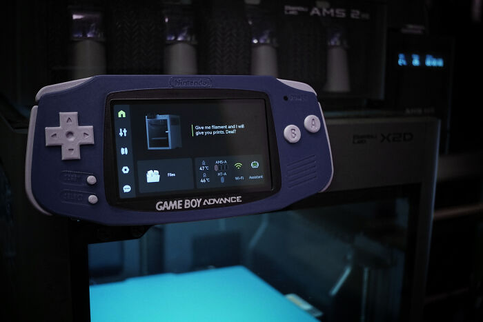 A Nintendo Game Boy Advance shell custom 3D printed to house a modern display and controls, demonstrating what people printed.