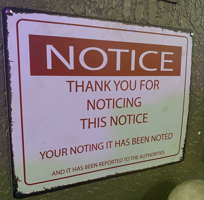 A chaotic sign in the wild with NOTICE, Thank You For Noticing This Notice, Your Noting It Has Been Noted.