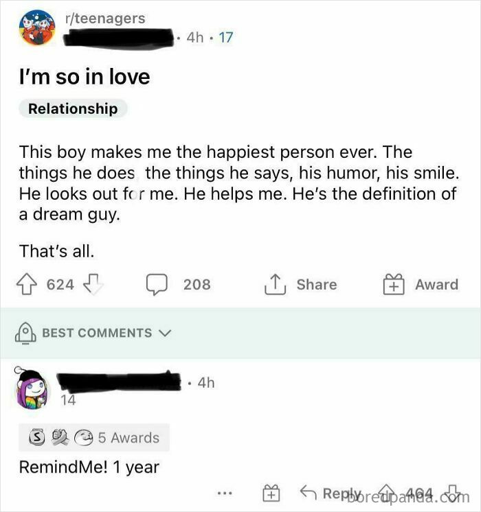 A screenshot of a Reddit post about being in love, with a funny comment section reminder below.