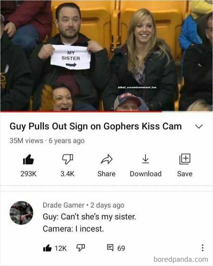 A man holding a My Sister sign on a Kiss Cam, with comments funnier than the actual post below, discussing the awkward moment.