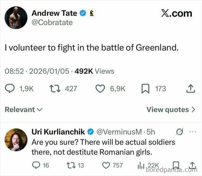 A tweet from Andrew Tate volunteering to fight, with a funny reply in the comment section.