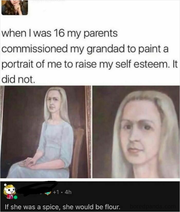 A painting of a girl that failed to raise self-esteem, with a funny comment section about it.