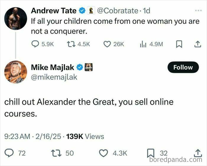 A tweet from Andrew Tate about women, with a funny comment section reply by Mike Majlak.