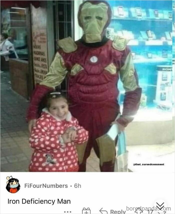 A meme of a child next to a person in a poorly made Iron Man suit, with a funny comment section.