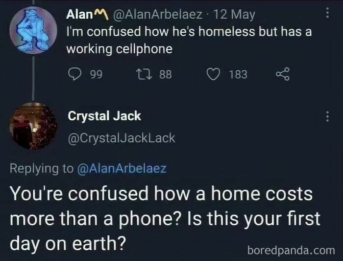 A tweet and reply meme about homelessness and cellphone ownership, with a funny comment section.