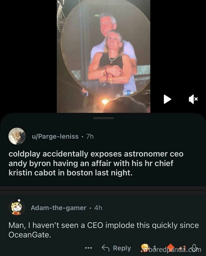 A screenshot showing comments funnier than the actual post, discussing a CEO exposed for an affair at a Coldplay concert.