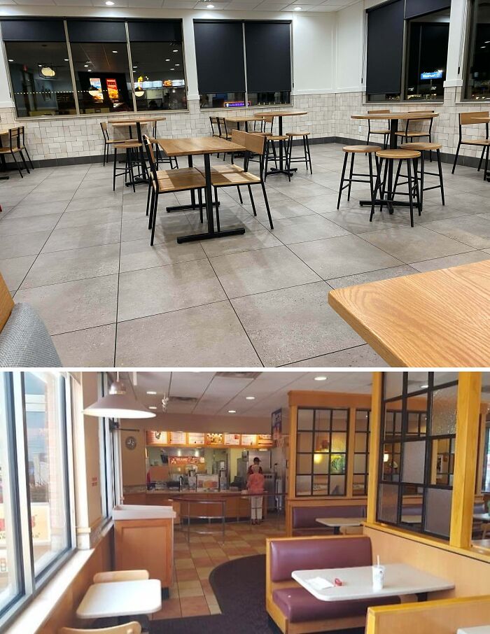 Two images show restaurant interiors, illustrating how products and services have gotten worse while getting more expensive.