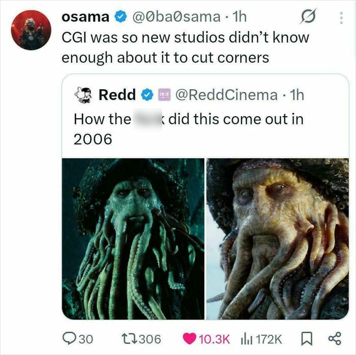 A Twitter post showing how CGI in Pirates of the Caribbean: D**d Man's Chest got worse with products and services becoming more expensive.