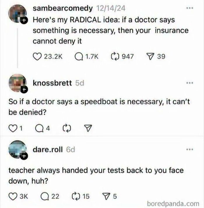 A series of comments debating a radical insurance idea, showcasing funny comment sections.