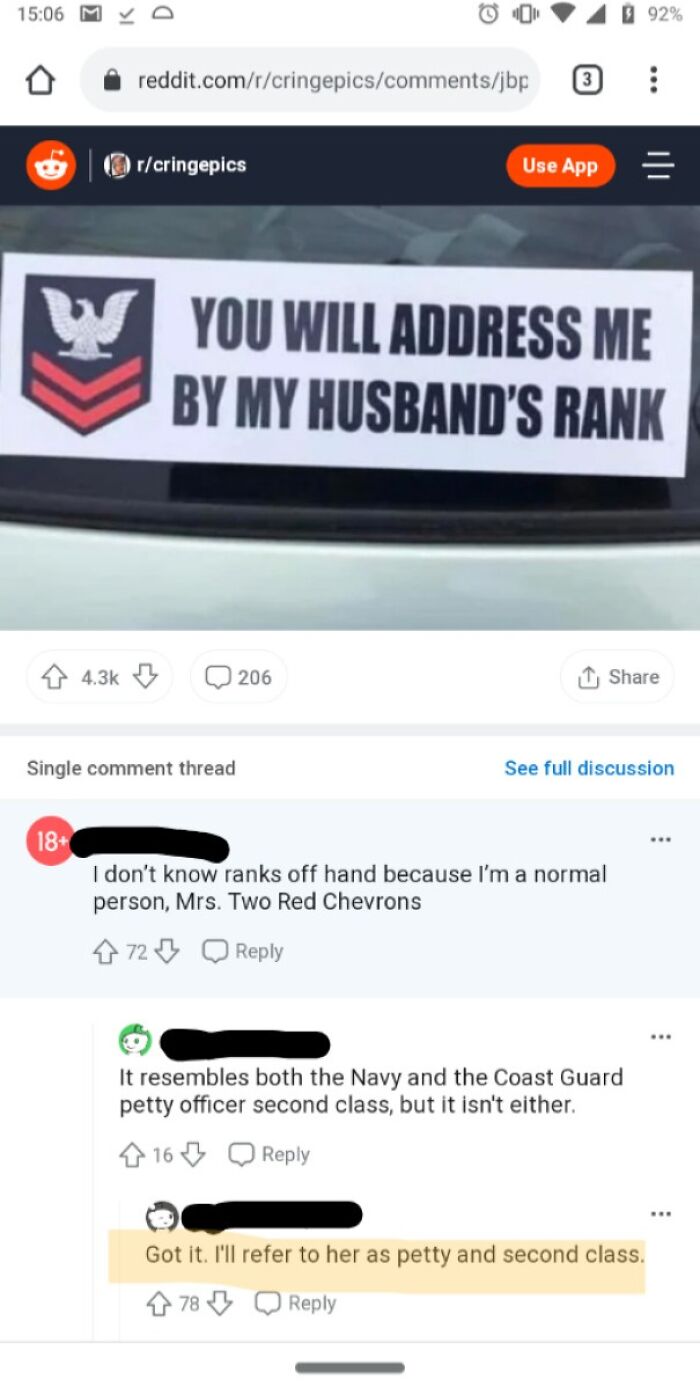 A screenshot showing Reddit comments funnier than the original post about addressing someone by their husband's rank.