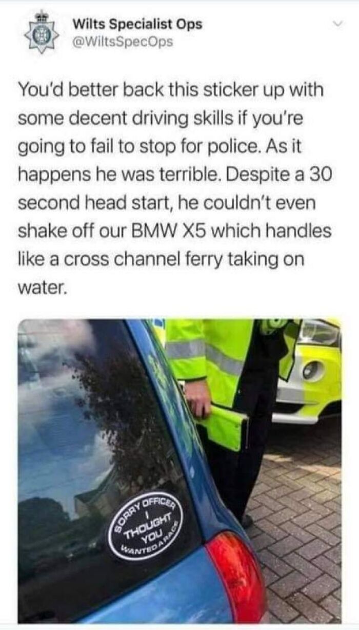 A funny comment section post by Wilts Specialist Ops describing a terrible driver caught after failing to stop for police.