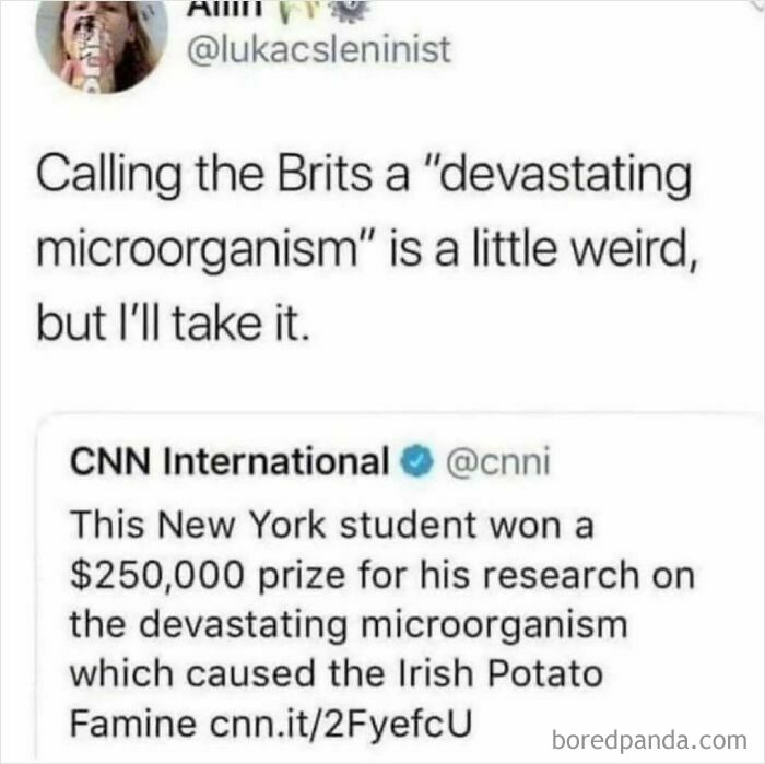 Funny meme tweet about calling the Brits a devastating microorganism, an example of unhinged humor.