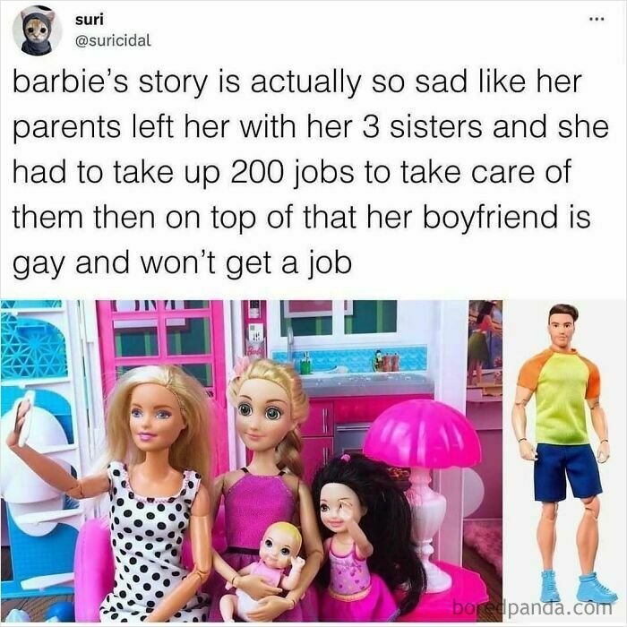 Funny meme detailing Barbie's sad story, including sisters, jobs, and a gay boyfriend, with unhinged humor.