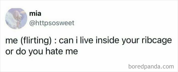 A funny meme tweet from Mia about flirting: Can I live inside your ribcage or do you hate me?