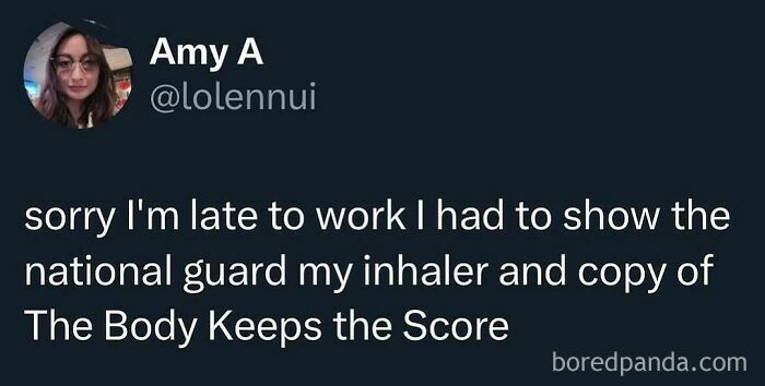 A funny meme showing a tweet from Amy A @lolennui about being late to work after showing documents.