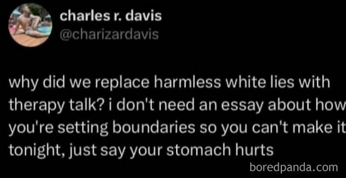 A tweet from charles r. davis (charizardavis) discussing therapy talk vs. white lies, a funny meme.