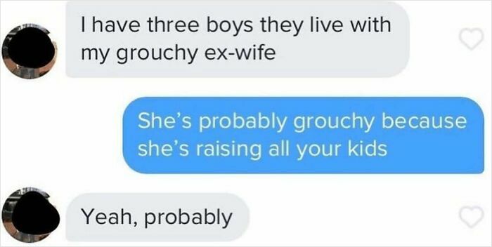 A screenshot of a text message exchange featuring funny memes about a man's ex-wife and his children.
