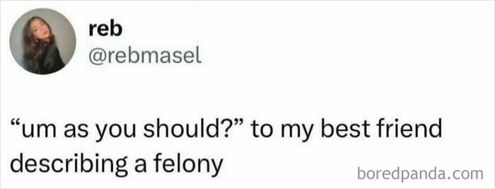 Funny memes with sarcasm about a friend describing a felony by reb.