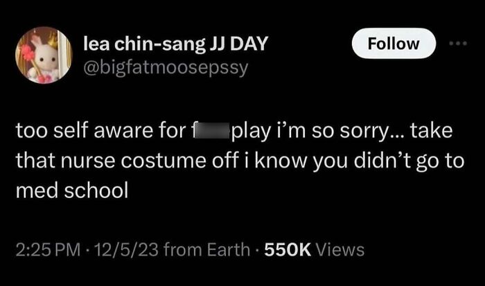 A funny meme tweet from lea chin-sang JJ DAY, displaying unhinged humor about a nurse costume and med school.