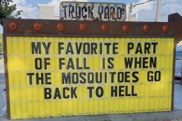 A humorous chaotic sign spotted in the wild: My favorite part of fall is when the mosquitoes go back to hell.