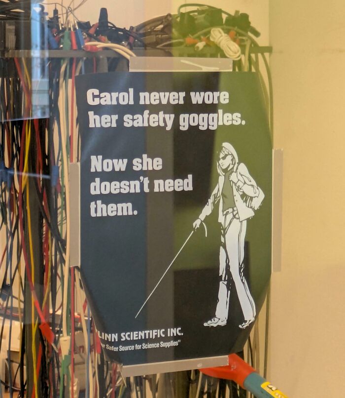A chaotic sign in the wild: Carol never wore her safety goggles. Now she doesn't need them, featuring a blind person.