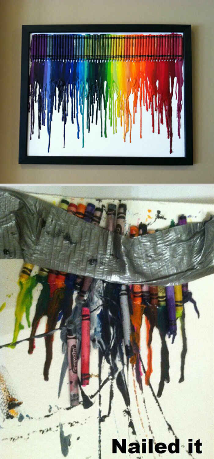 A DIY fail: a side-by-side comparison of a beautiful melted crayon artwork versus a messy, failed attempt.