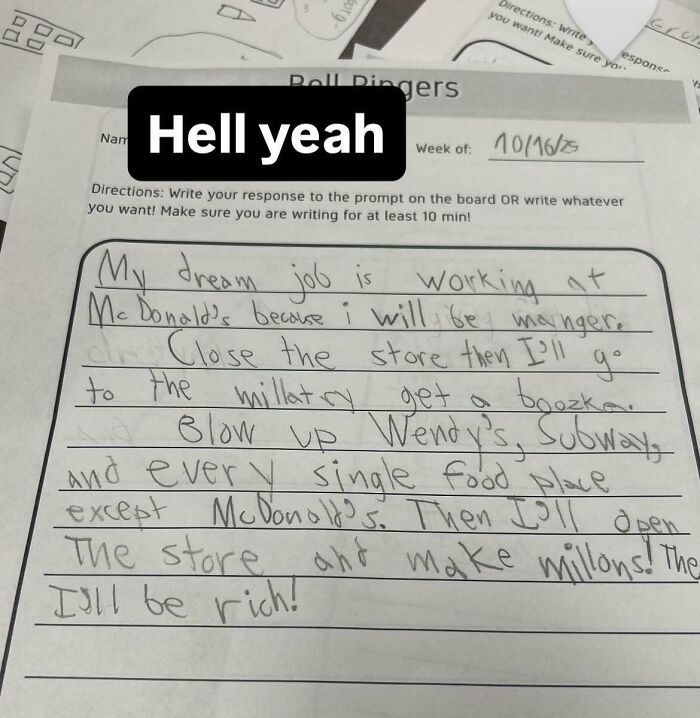 A mischievous kids handwritten school assignment reveals a hilarious dream job that gives parents a headache.