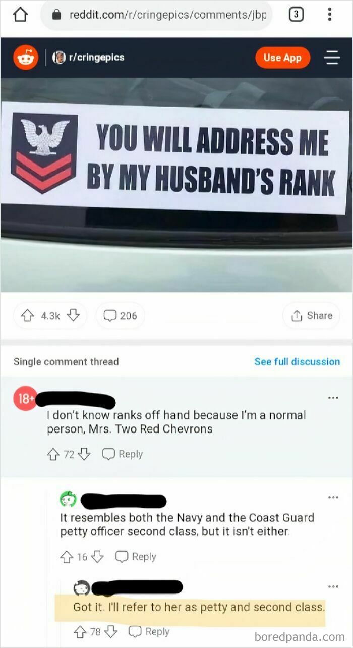 A screenshot showing Reddit comments funnier than the original post about addressing someone by their husband's rank.