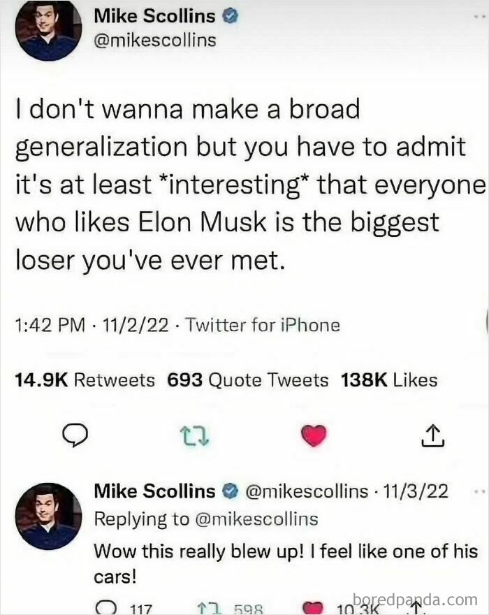 A tweet and a reply from Mike Scollins, demonstrating a comment section funnier than the initial post about Elon Musk fans.