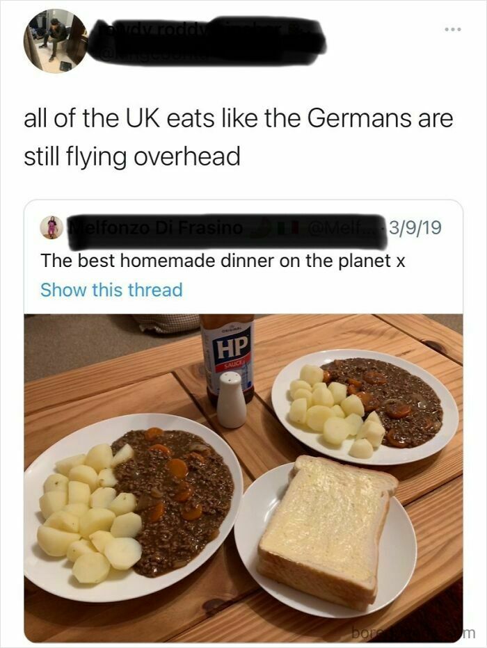A post about UK eating habits with a comment showing a bland meal, part of funny comment sections.