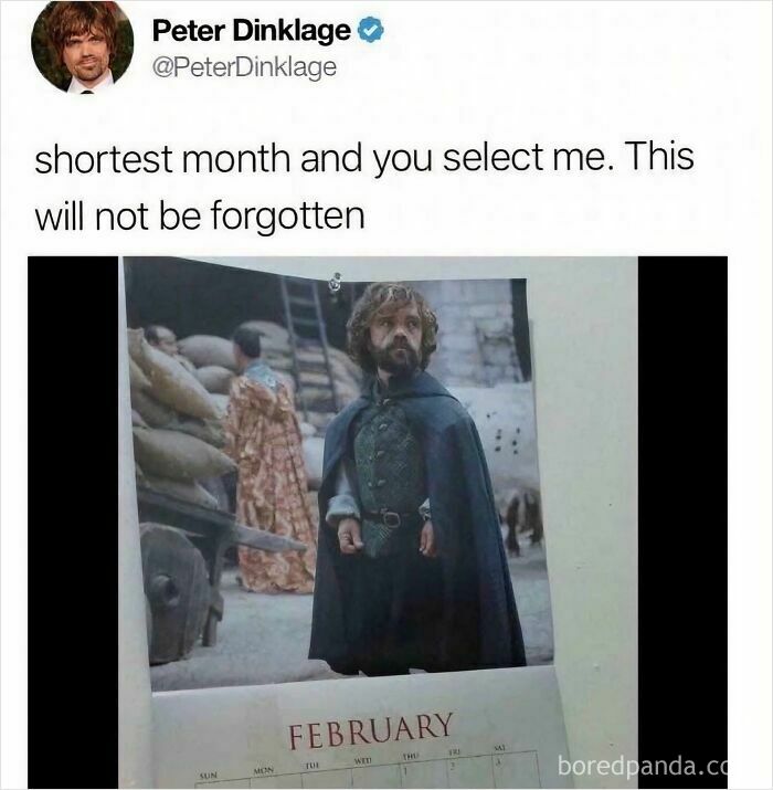 Peter Dinklage tweet about being featured in a calendar for the shortest month, with a funny comment section.