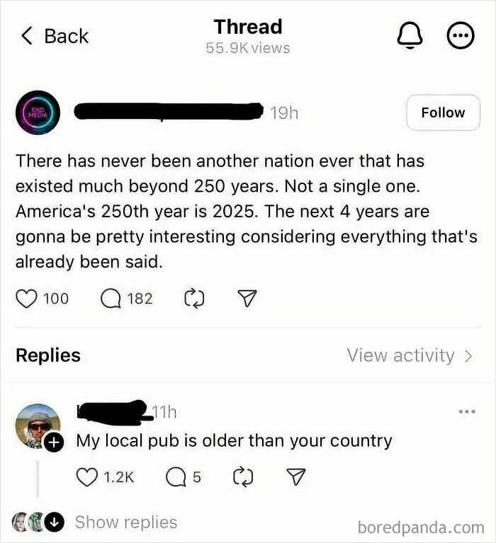 A comment section with a witty reply that a pub is older than a country, highlighting funny comment sections.